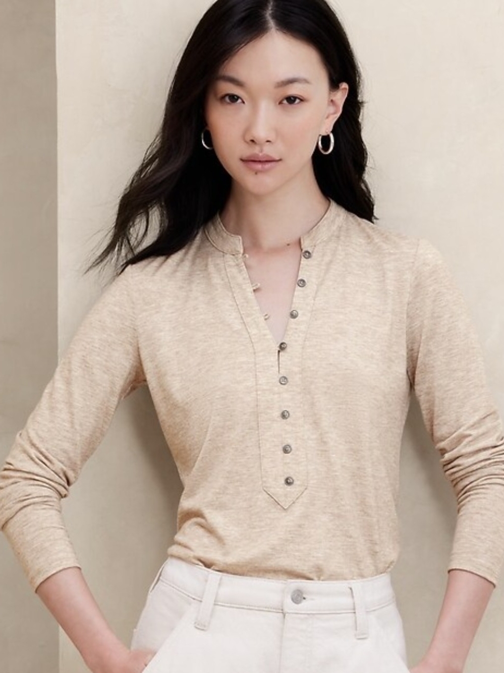 Banana Republic Beige Henley Long-Sleeve Top